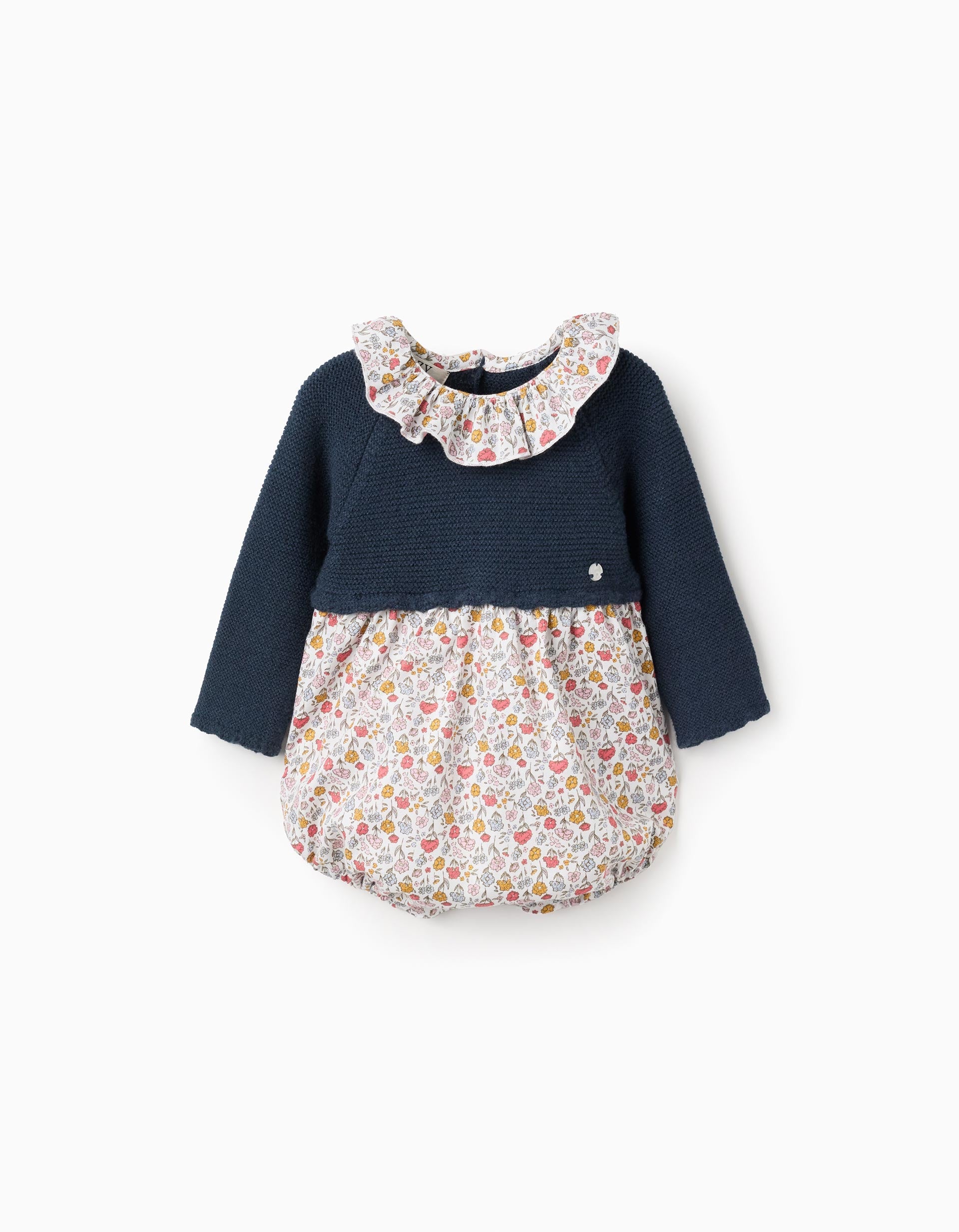 Floral Dual-Fabric Romper for Newborns, Blue/White | La vie en Rose | KSA