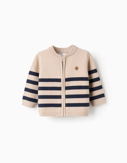 Striped Knitted Cardigan for Newborn Boys, Beige/Blue