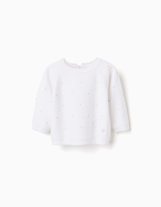 Knitted jumper with wavy trim for newborn girls, white