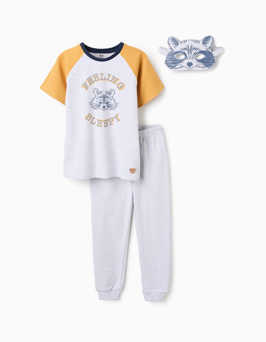 بيجاما قطن بقناع راكون للأولاد، رمادي/أصفر