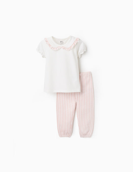 بيجاما جيرسي قطن مخطط للرضع البنات، أبيض/زهري