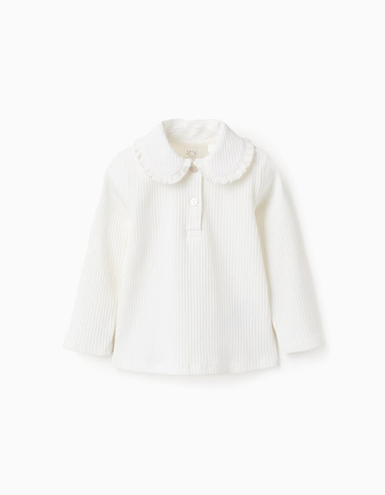 Ribbed T-shirt with Peter Pan Collar and Buttons for Baby Girls, Beige