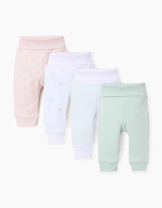 Pack of 4 Extra Comfy Trousers for Baby Girls 'Flowers', White/Green/Pink