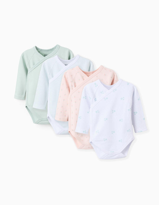 Pack of 4 Cotton Wrapover Bodysuits for Baby Girls 'Flowers', White/Green/Pink