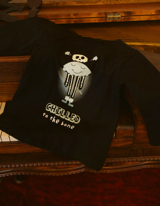 Cotton long sleeve T-shirt with glow-in-the-dark print for girls, black