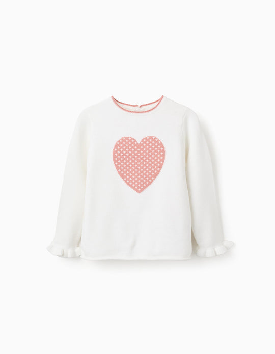 Heart Jacquard Jumper with Ruffles for Girls, White
