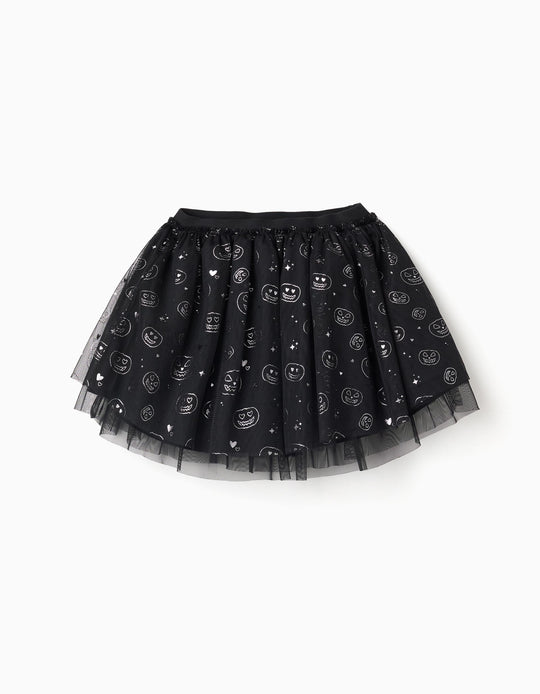 Layered tulle skirt with glittering pumpkin motif for girls, black