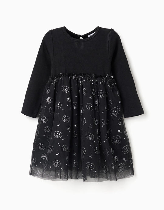 Dual-fabric dress with glittering pumpkin motif for baby girls, black