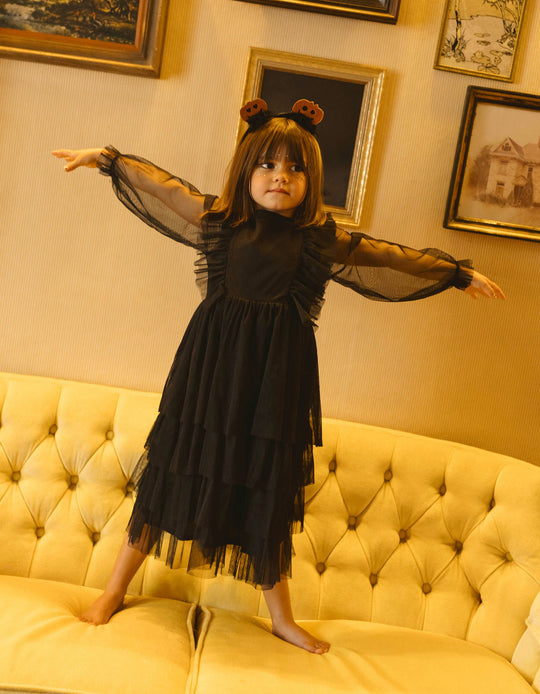 Layered tulle dress with ruffles for girls, black