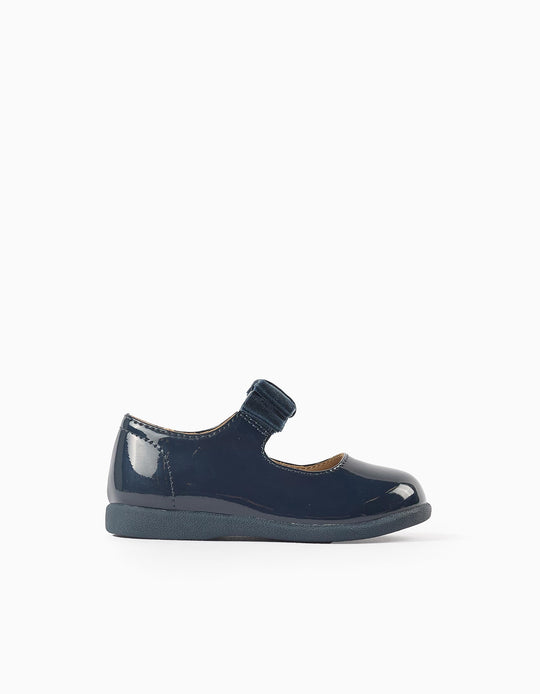 Patent Leather Ballerina Flats with Velvet Bow for Baby Girls, Dark Blue
