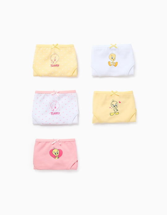 Pack Of 5 Briefs For Girls 'Tweety', Pink/White/Yellow