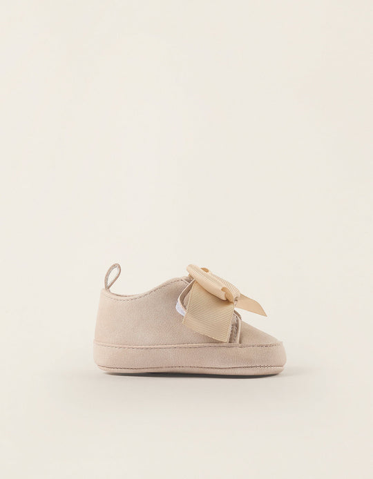 Shoes with Touch Fastener and Bow for Newborn Girls, Beige