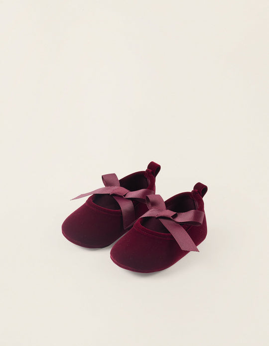 Velvet Ballet Flats with Bow for Newborn Girls, Burgundy