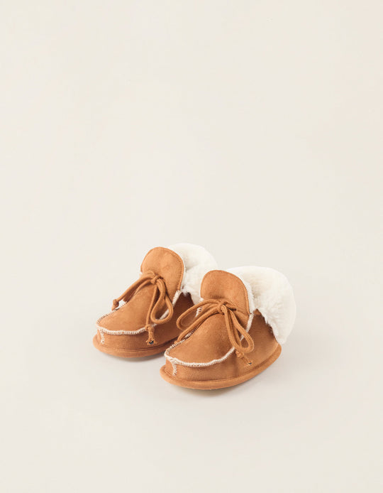 Suedine Boots with Fur Lining for Newborns, Camel
