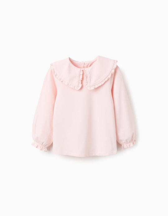 T-shirt with Maxi Collar and Frill Contour for Girls, Pink