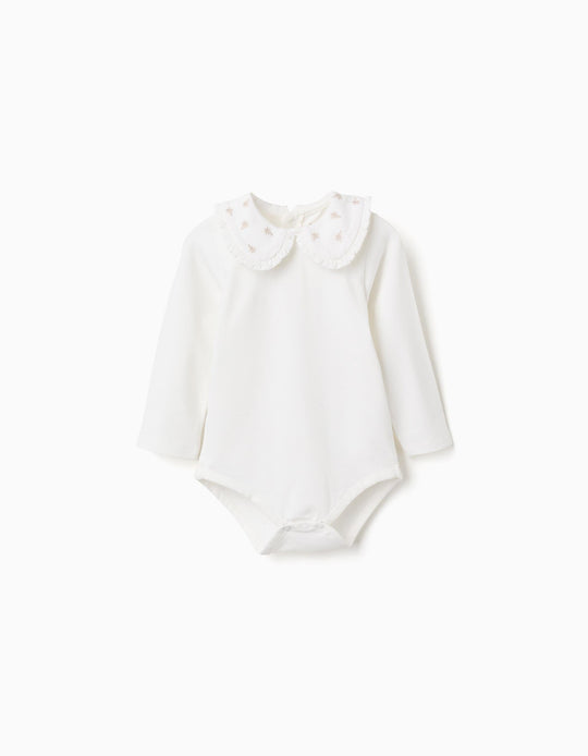 Long Sleeve Bodysuit with Ruffled Collar for Baby Girls, White