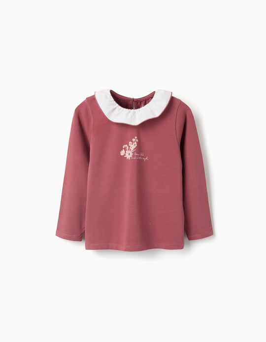 Long sleeve T-shirt with print and ruffled collar for girls, dark pink