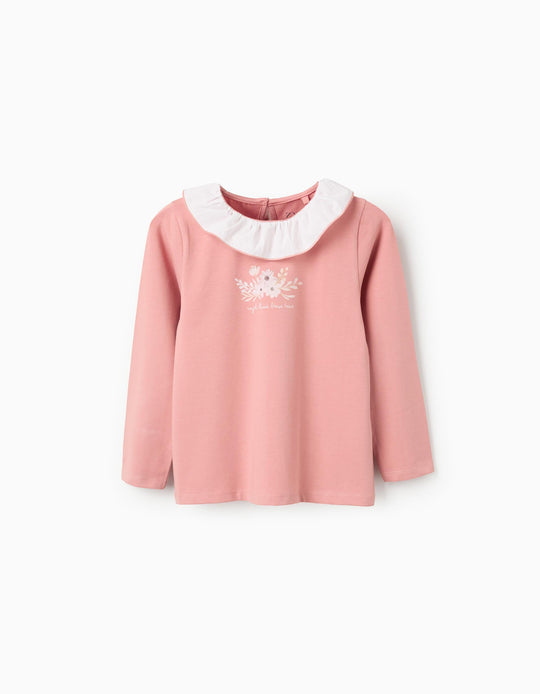 Long sleeve T-shirt with print and ruffled collar for girls, pink