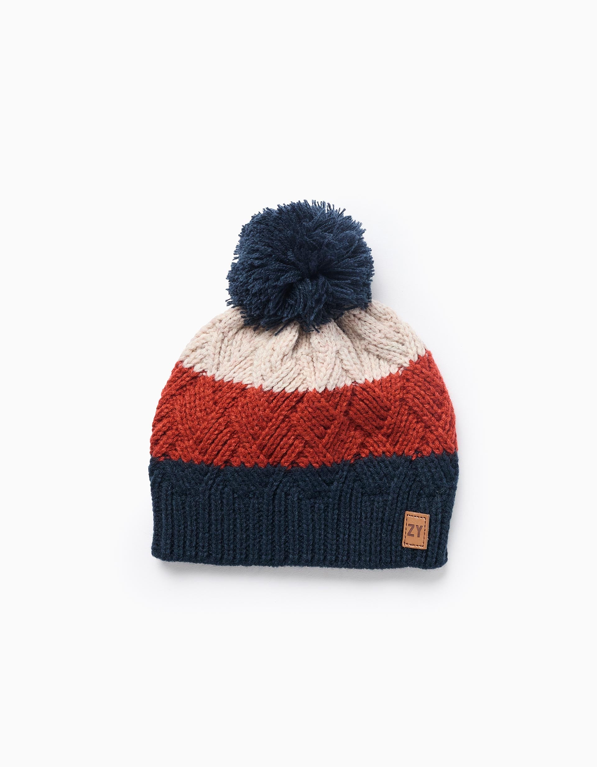 Striped Beanie with Pom Pom for Babies and Boys, Blue/Beige/Orange | Ziddy KSA