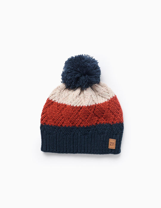 Striped Beanie with Pom Pom for Babies and Boys, Blue/Beige/Orange