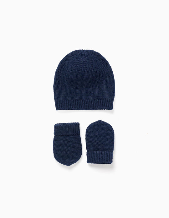 Pack of knitted beanie + gloves for newborn, dark blue