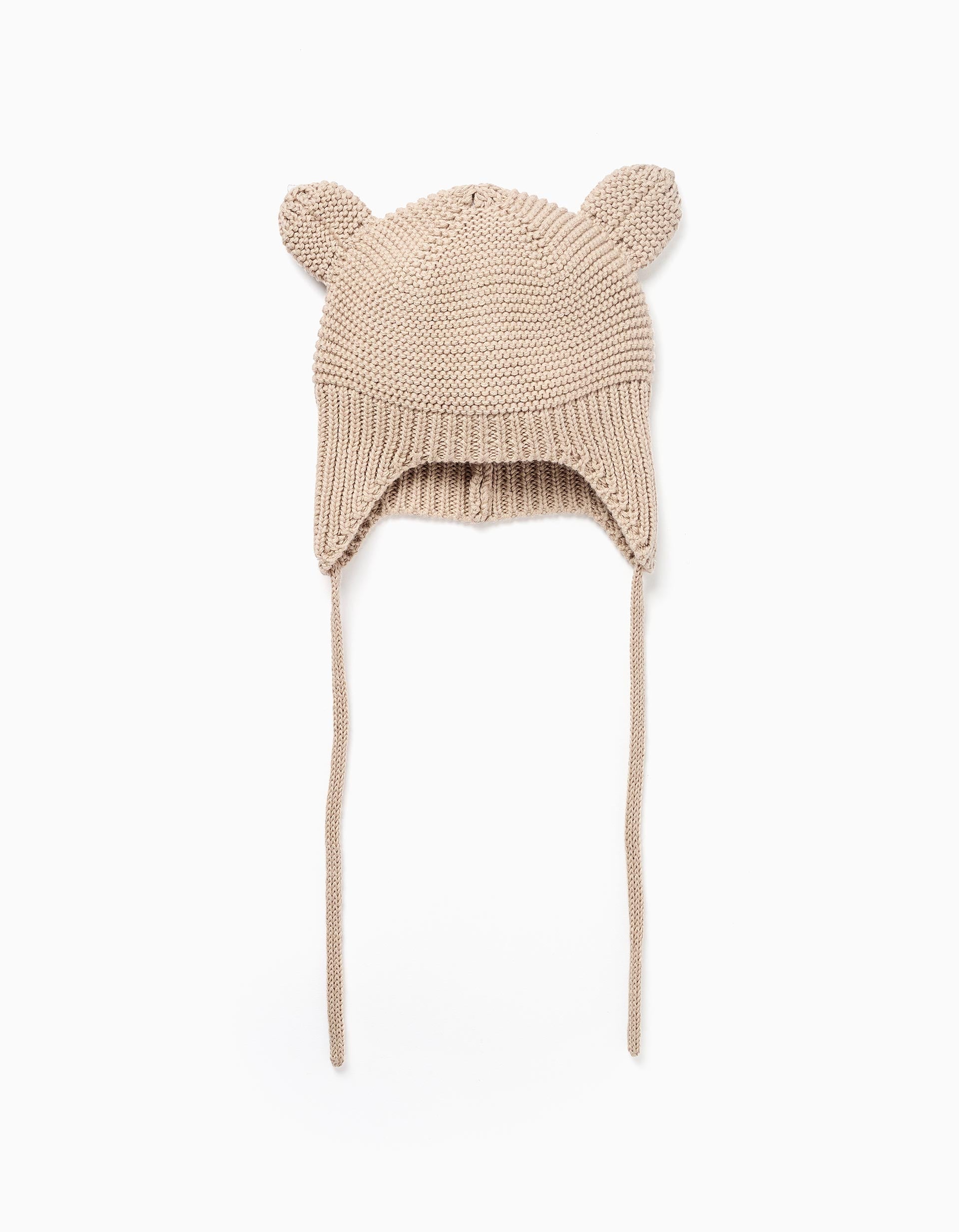Ribbed knit beanie with ears and side straps for newborns, beige | Ziddy KSA