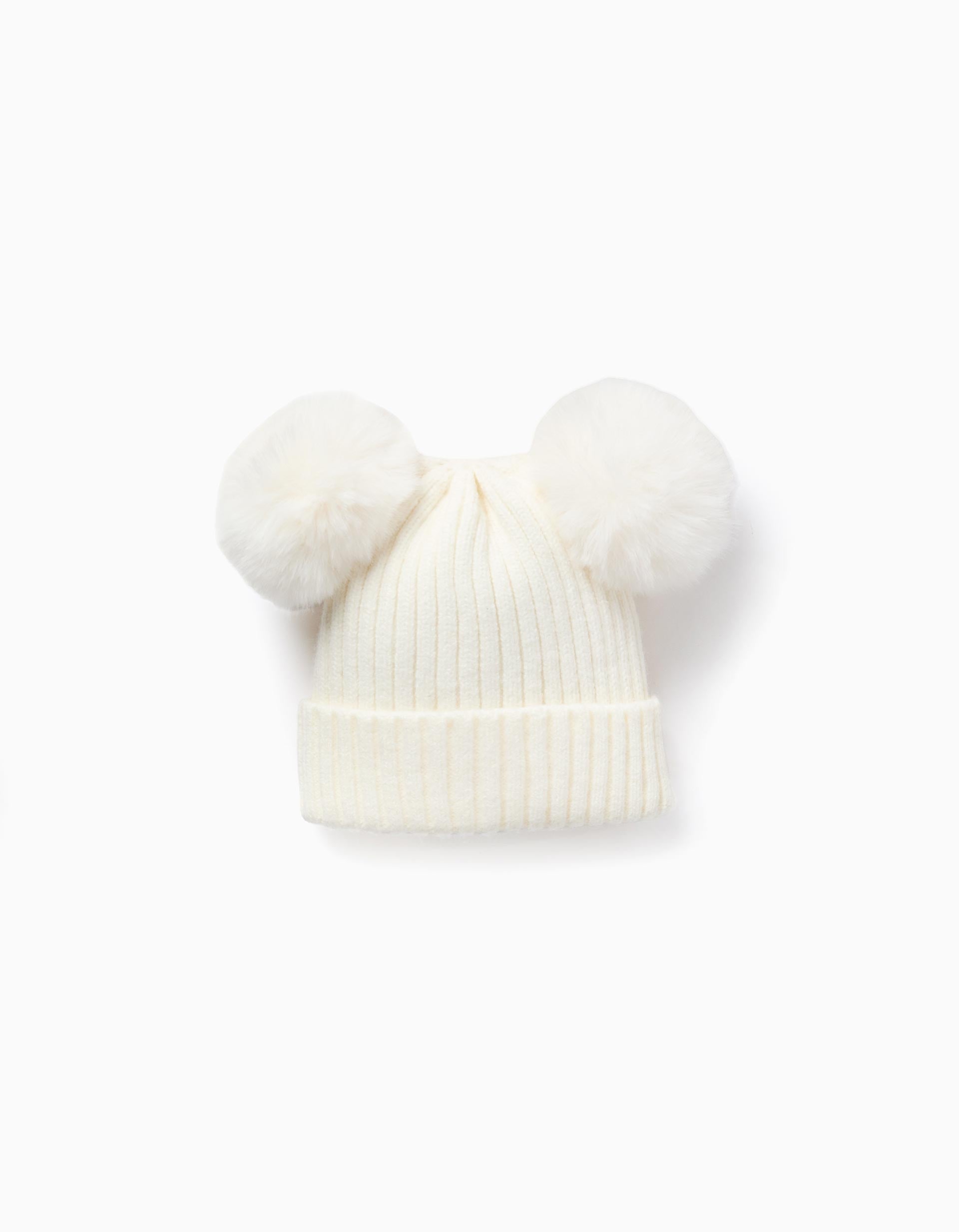 Ribbed knit beanie with maxi pompoms for girls, white | Ziddy KSA