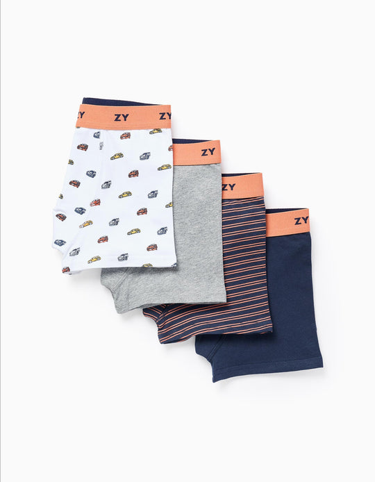 Pack of 4 Boxer Shorts for Boys 'Cars & Stripes', Blue/White/Grey