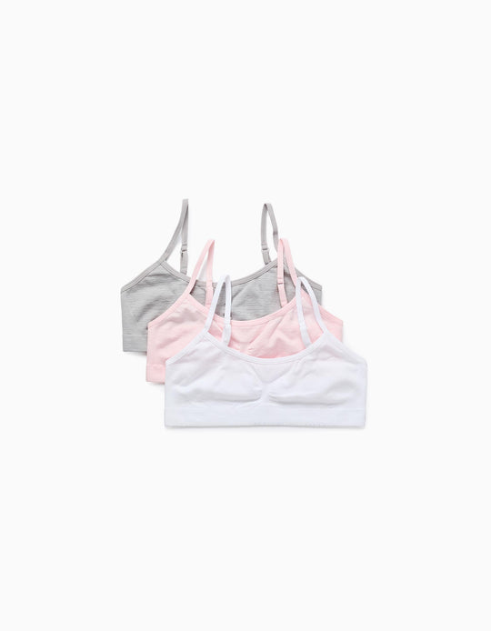 Pack of 3 Microfibre Bras for Girls, White/Pink/Grey
