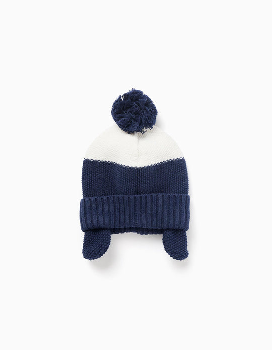 Beanie with pompom and ear protection for newborn boys, blue/white