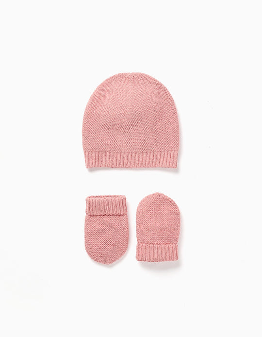 Pack of knitted beanie + gloves for newborn, pink