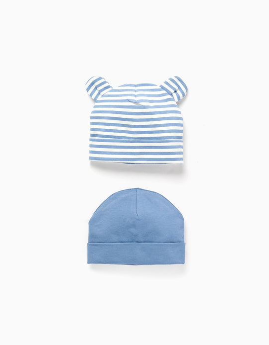 Set of 2 plain/striped beanies for newborn boys, blue/white