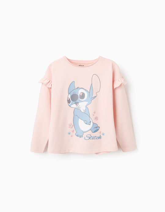 تيشيرت قطن بأكمام طويلة للفتيات "Stitch"، زهري