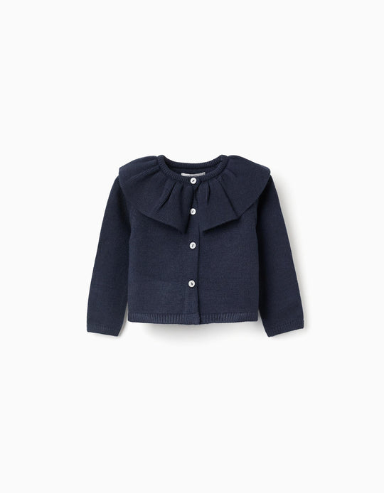 Knit cardigan with ruffled maxi collar for baby girls, dark blue