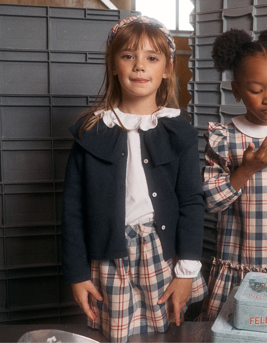 Knit cardigan with ruffled maxi collar for girls, dark blue