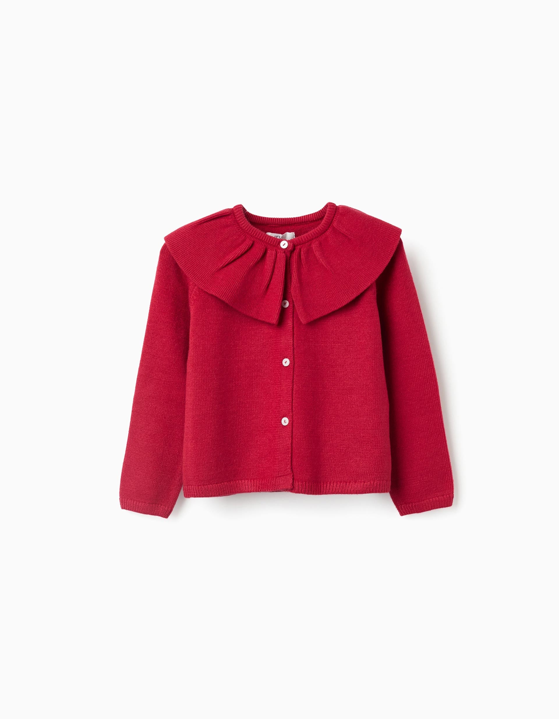 Knit cardigan with ruffled maxi collar for girls, red | Ziddy KSA
