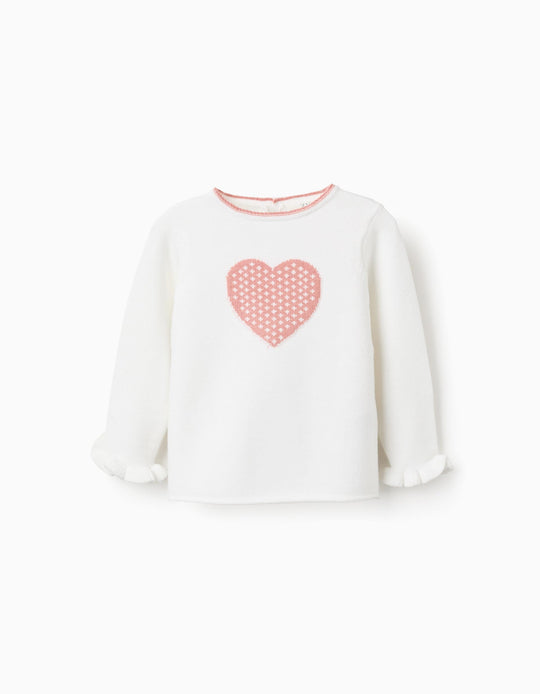 Heart Jacquard Jumper with Ruffles for Baby Girls, White