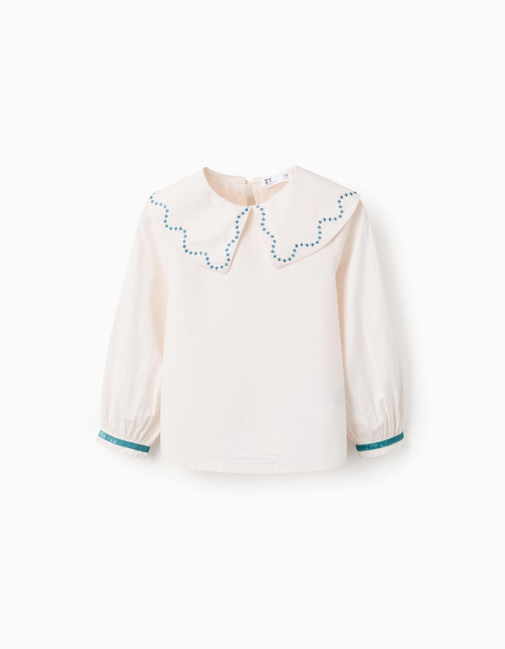 Poplin blouse with embroidered details for girls, white/turquoise blue | Ziddy KSA