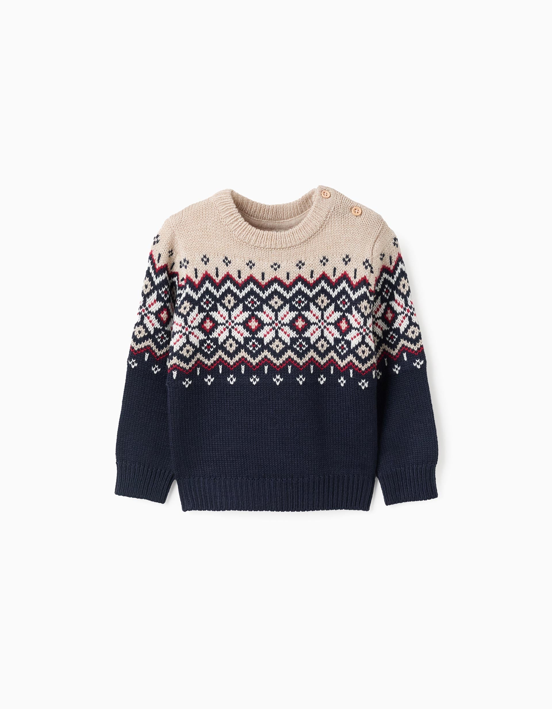 Christmas Jacquard Knitted Jumper for Baby Boys, Blue/Beige | Ziddy KSA