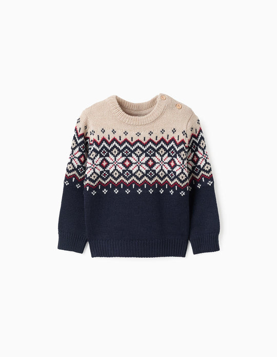 Christmas Jacquard Knitted Jumper for Baby Boys, Blue/Beige