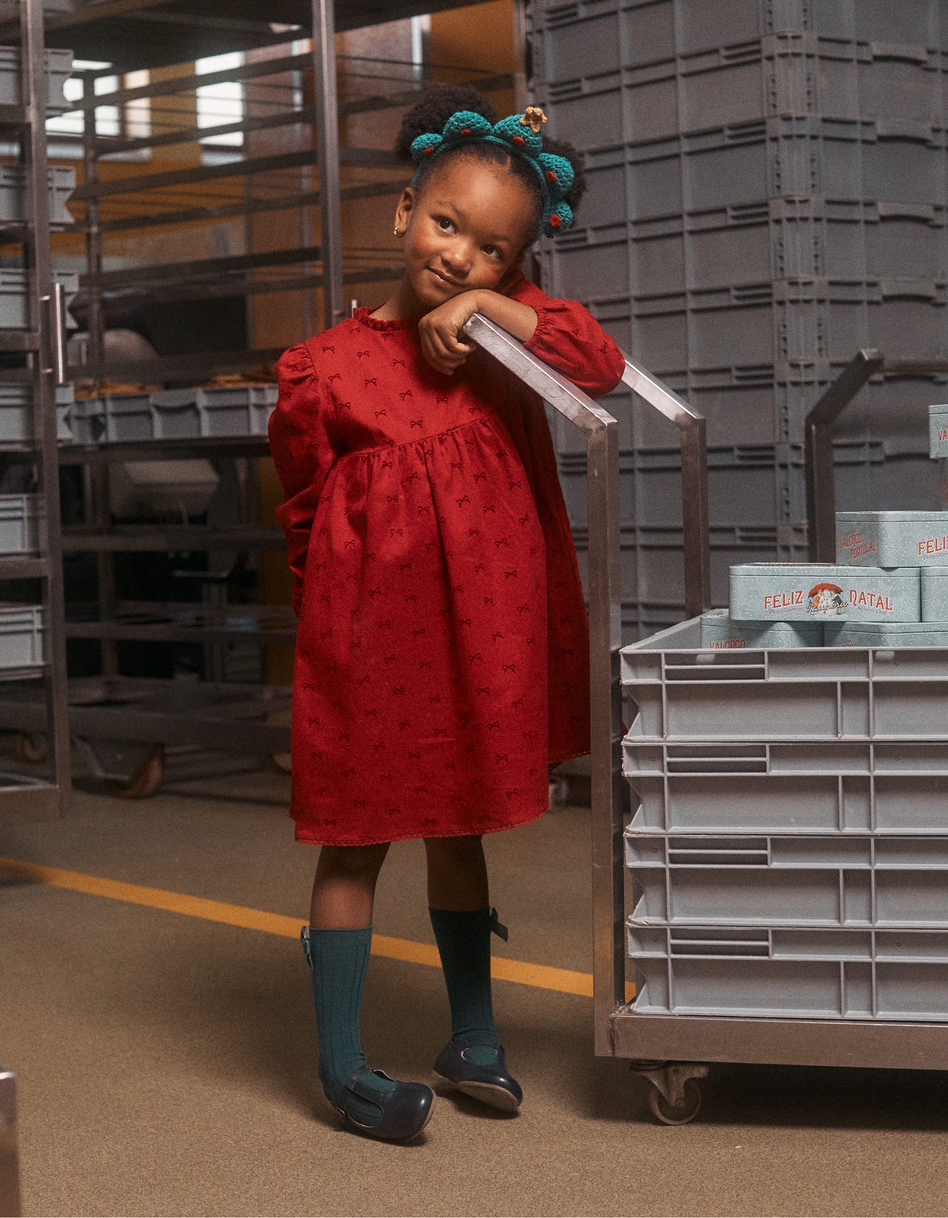 Long sleeve twill dress with velvet bow motif for girls, red | Ziddy KSA