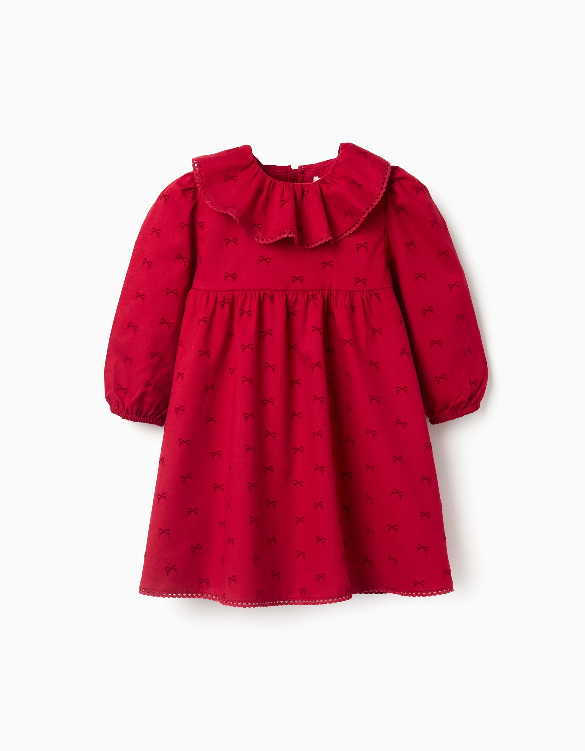 Long sleeve twill dress with velvet bow motif for baby girls, red | Ziddy KSA