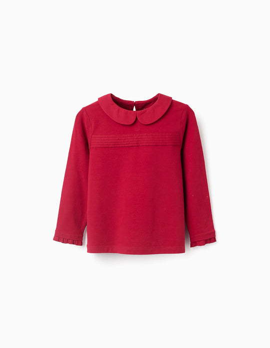 Long sleeve T-shirt with pleats and ruffles for girls, red