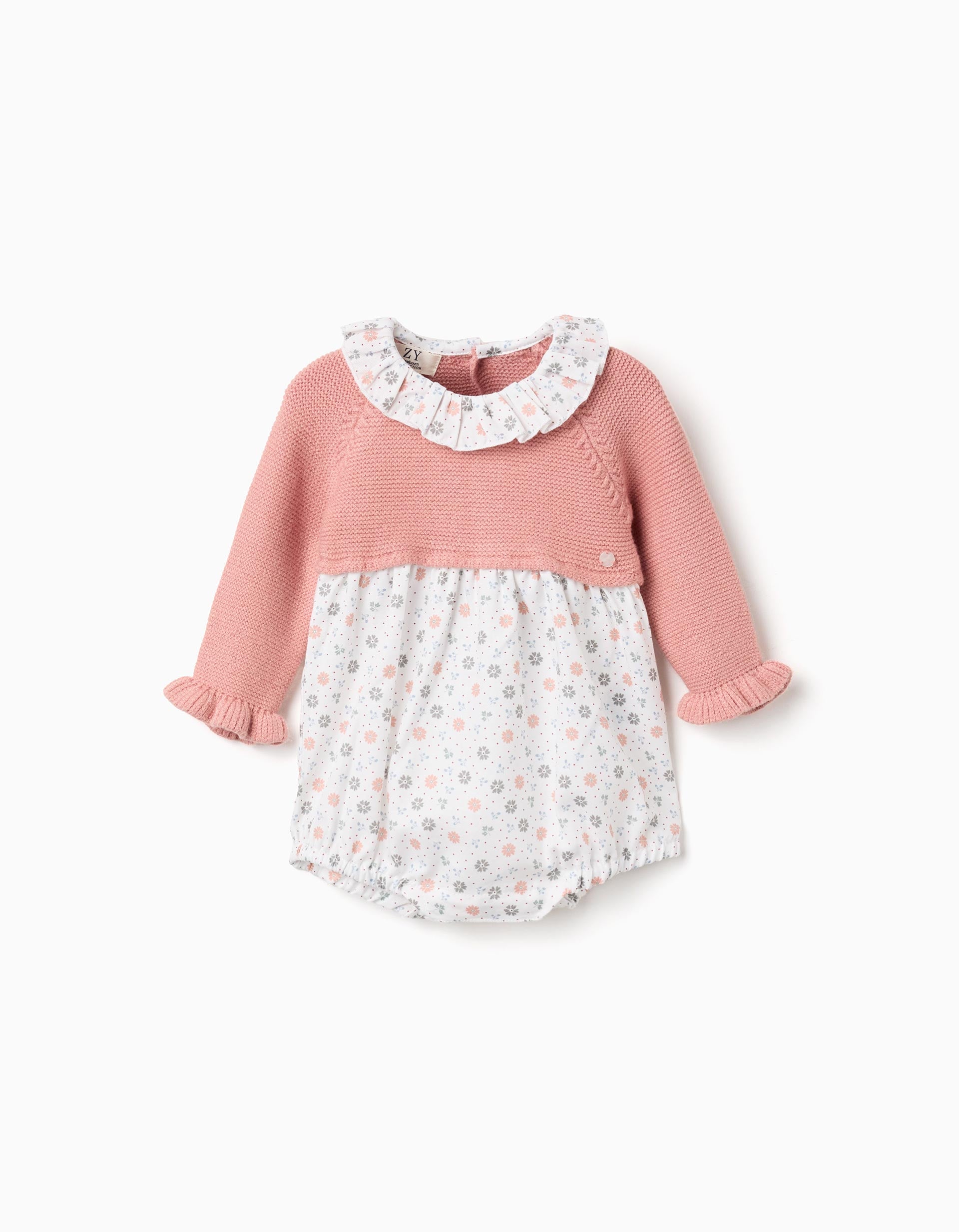 Dual-fabric jumpsuit with floral pattern for newborn girls, pink/white | Ziddy KSA