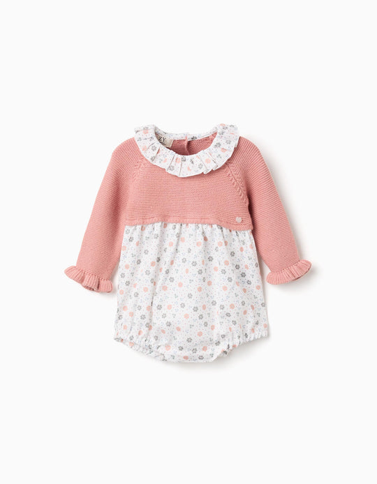 Dual-fabric jumpsuit with floral pattern for newborn girls, pink/white