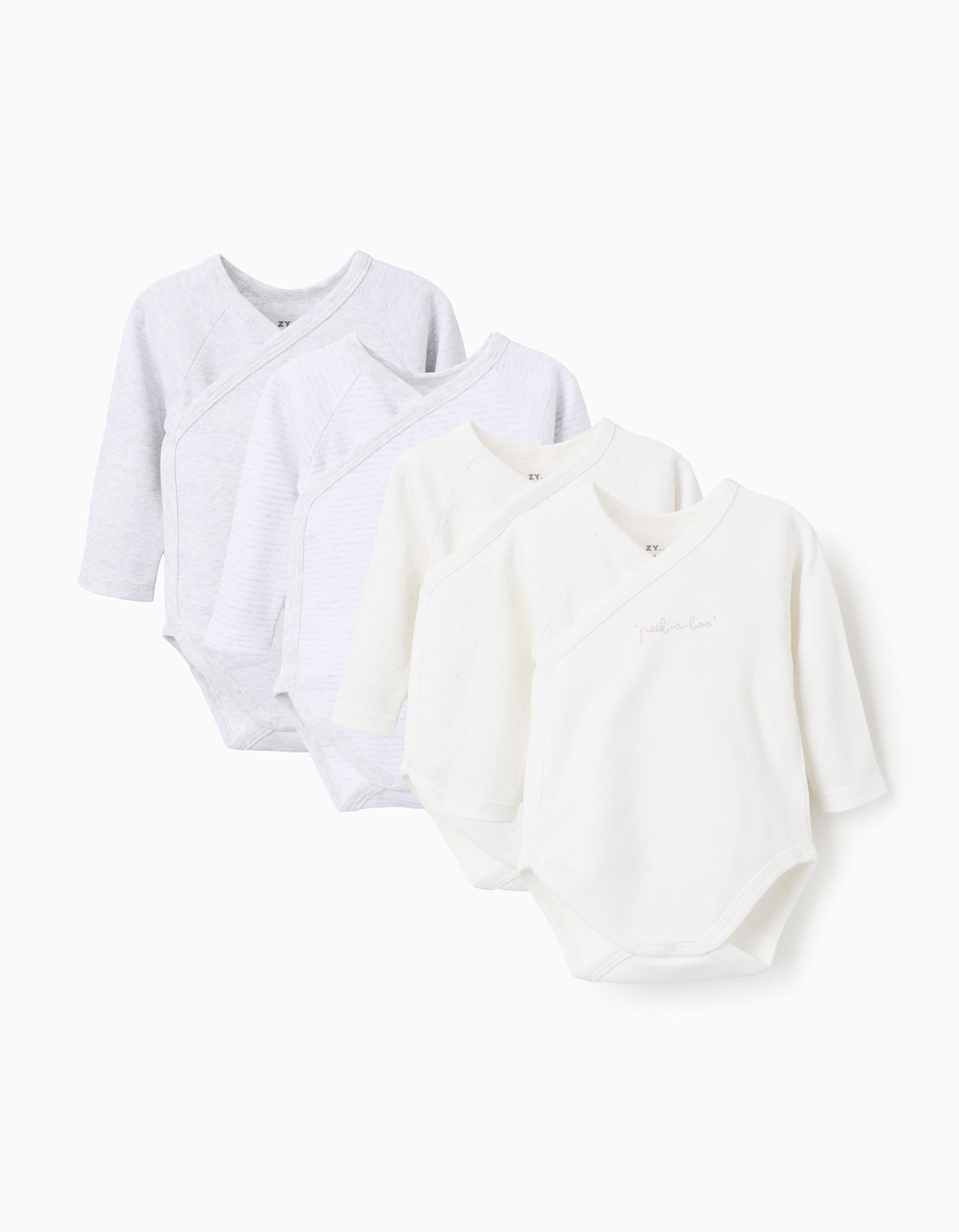 Pack of 4 Wrapover Bodysuits for Newborns and Babies, White/Grey | Ziddy KSA