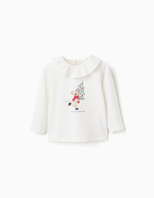 Long sleeve T-shirt with ruffle collar and print for baby girls, white
