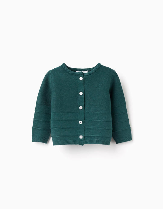 Knitted jacket with embossed lines You&Me for newborn boys, dark green
