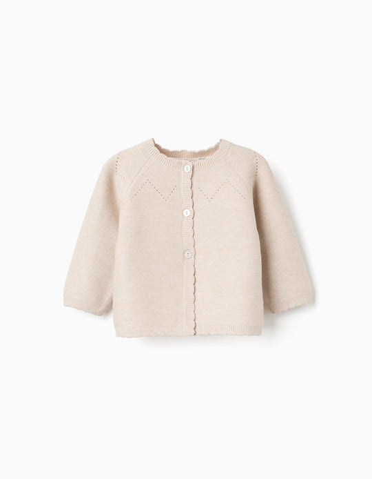 Knitted jacket with wavy ends You&Me for newborn girls, beige