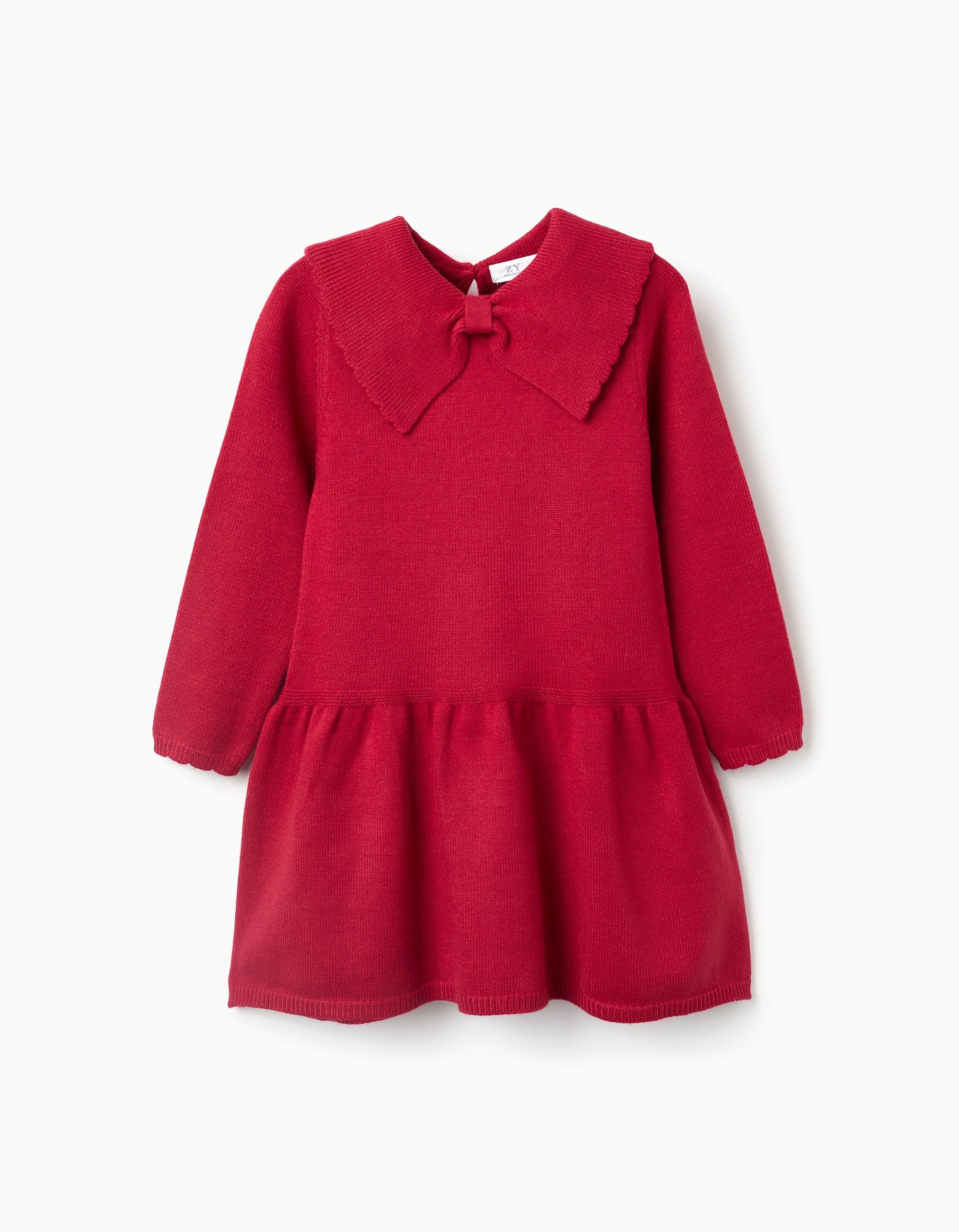 Knitted dress with bow collar for girls, red | Ziddy KSA